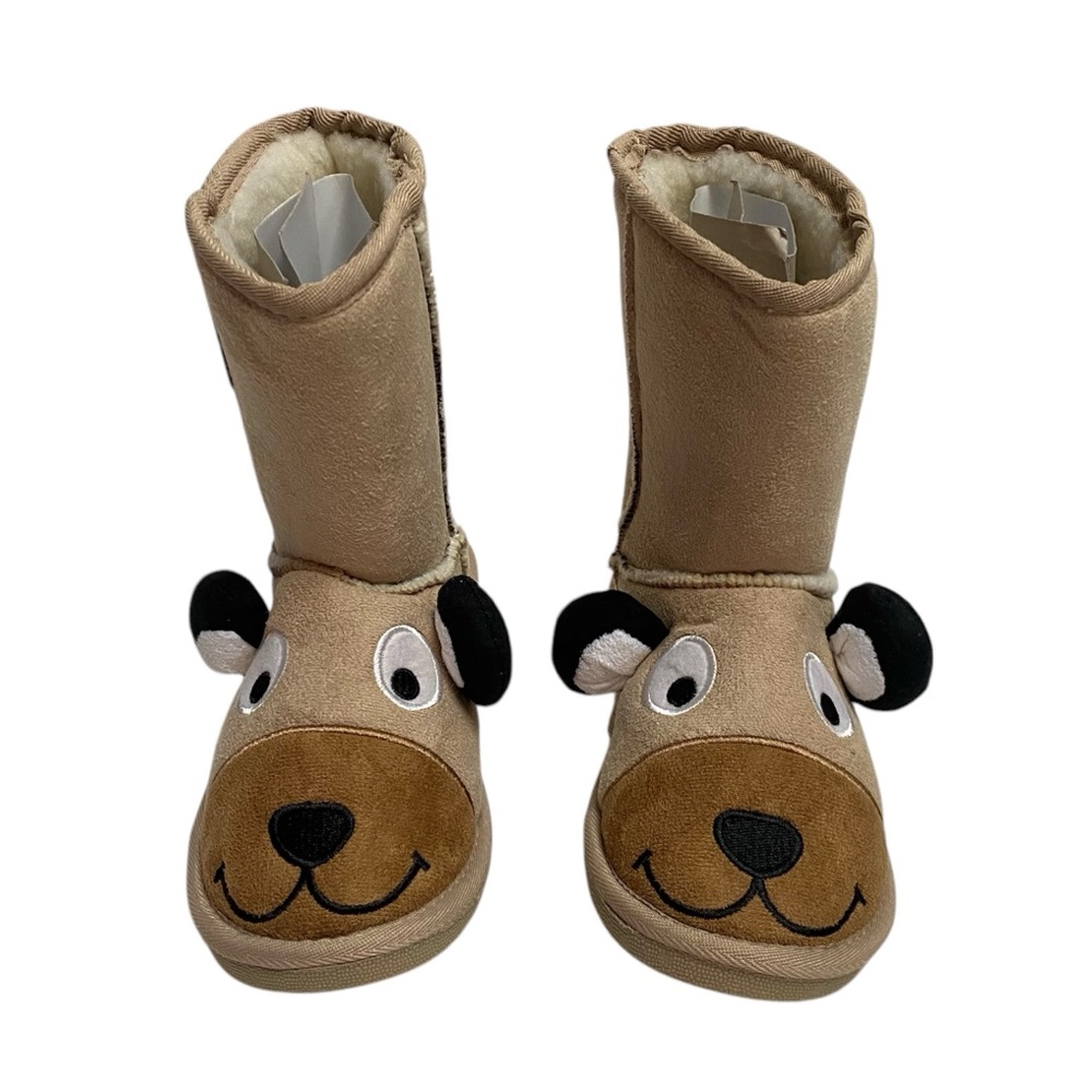 Kids Bear Character Boots, Faux Suede & Fleece, Pull On, Tan, Size 3, New